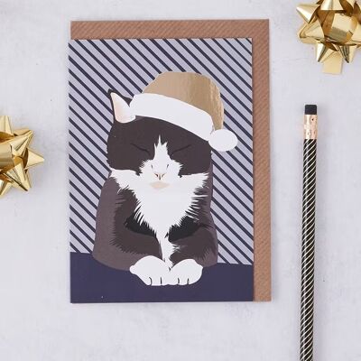 Biglietto natalizio gatto bianco e nero con cappello di Babbo Natale in lamina d'oro