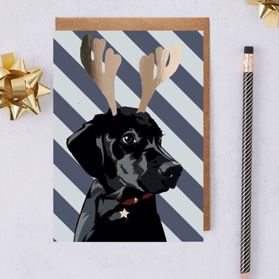 Tarjeta de Navidad Labrador negro con astas de lámina de oro