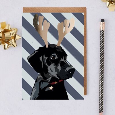 Christmas Card Black Labrador with gold foil antlers