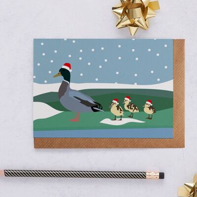 Weihnachtskarte Entenfamilie in Weihnachtsmützen