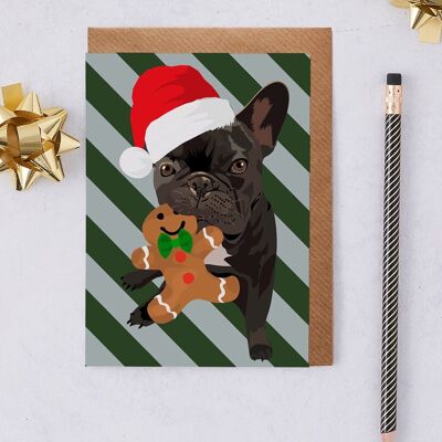 Tarjeta de Navidad Bulldog Francés con gorro de Papá Noel