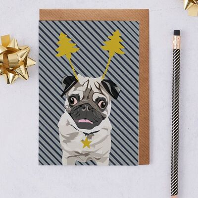 Christmas Card Pug Arnie with gold foil antlers