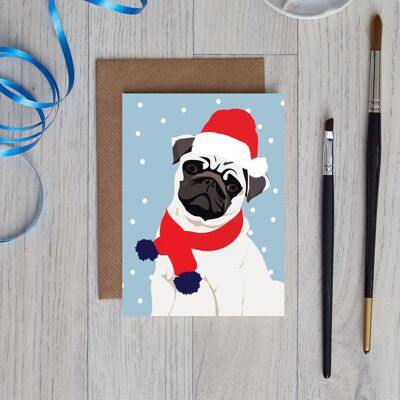 Tarjeta de Navidad Pug con gorro de Papá Noel y bufanda