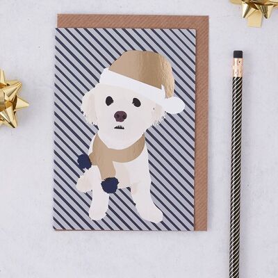 Weihnachtskarte weißer Hund mit Weihnachtsmütze aus Goldfolie