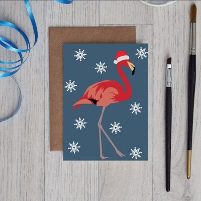 Christmas Flamingo Card wearing santa hat