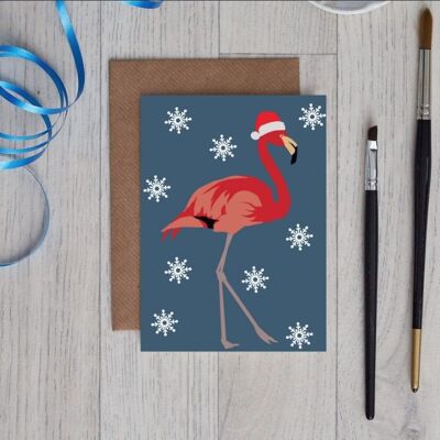 Christmas Flamingo Card wearing santa hat