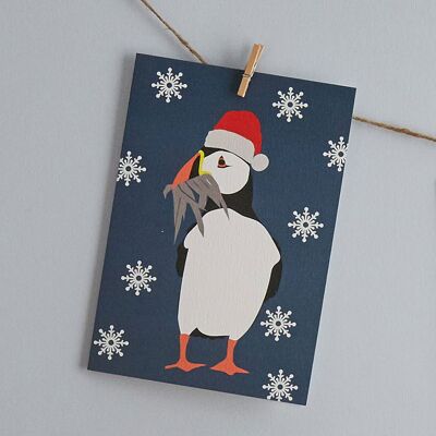 Christmas Puffin Card with santa hat