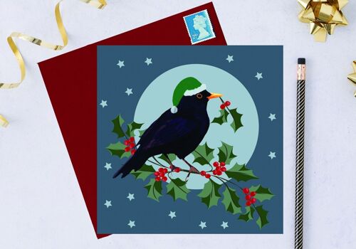 RSPB charity Christmas card with blackbird