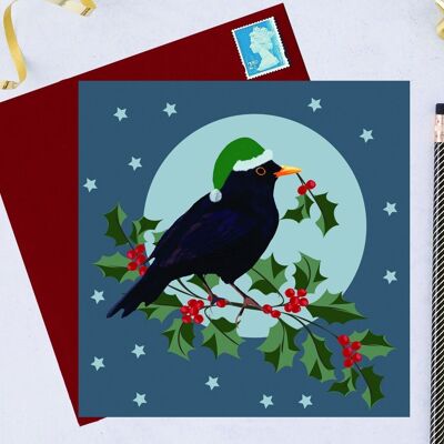 Cartolina di Natale di beneficenza RSPB con merlo