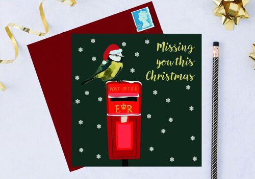 RSPB charity Christmas card with blue tit on a postbox