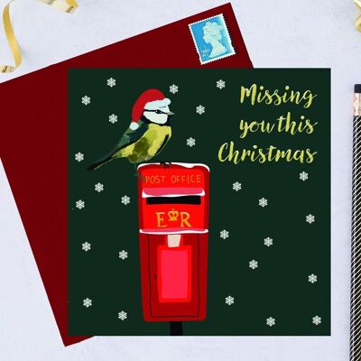 Cartolina di Natale di beneficenza RSPB con cinciarella su una cassetta delle lettere