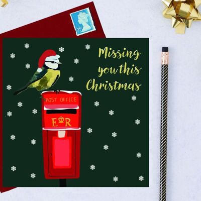 Cartolina di Natale di beneficenza RSPB con cinciarella su una cassetta delle lettere