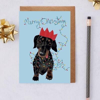 Tarjeta de Navidad de perro salchicha llamada Slinky