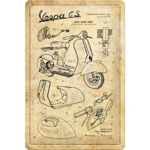 Placa de metal 20x30 cms. Vespa - Parts Sketches