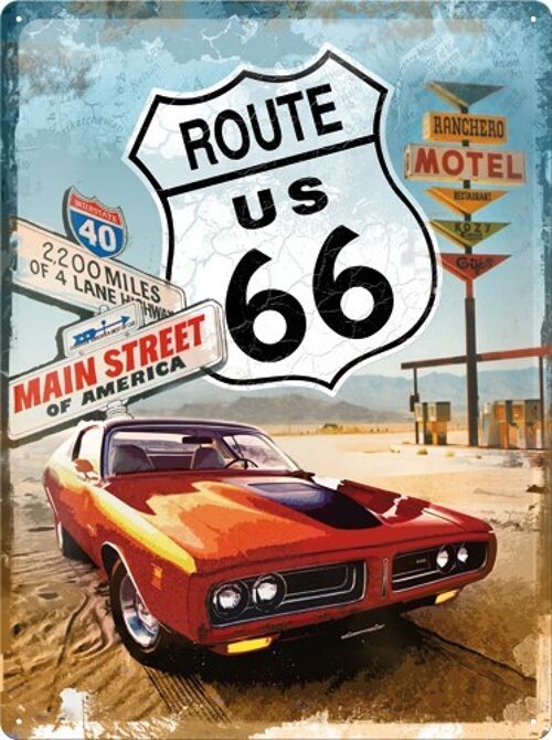 Placa de metal 30x40 cms. Route 66 Red Car
