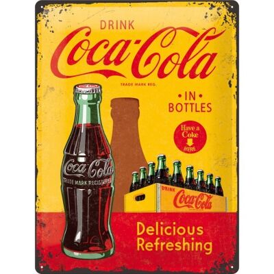 Piatto in metallo 30x40 cm. Coca-Cola - In Bottiglie Di Colore Giallo