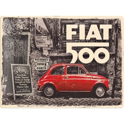 Metallplatte 30x40 cm. Fiat 500 - Rotes Auto auf der Straße
