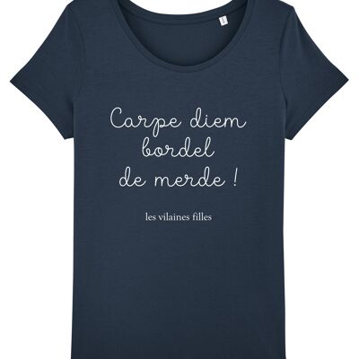 T-shirt girocollo Carpe diem bordel de merde organico, cotone biologico, blu navy