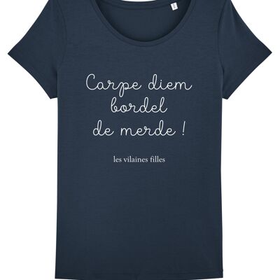 T-shirt girocollo Carpe diem bordel de merde organico, cotone biologico, blu navy