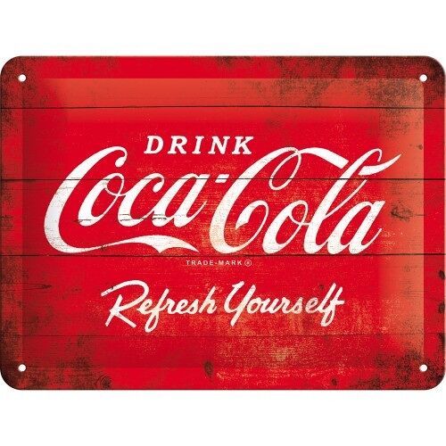 Placa de metal 15x20 cms. Coca-Cola - Logo Red Refresh Yourself