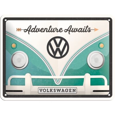 Plaque de métal 15x20 cm. Volkswagen VW Bulli - L'aventure vous attend