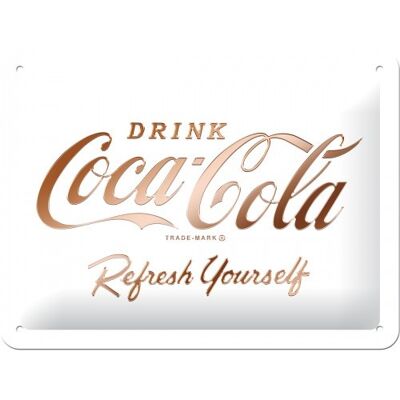 Metallplatte 15x20 cm. Coca-Cola - Logo Weiß Erfrischen Sie sich