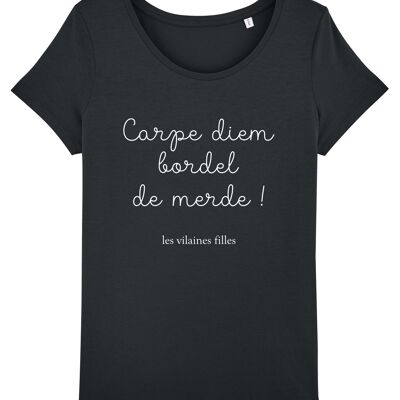 T-shirt girocollo Carpe diem bordel de merde organico, cotone biologico, nero