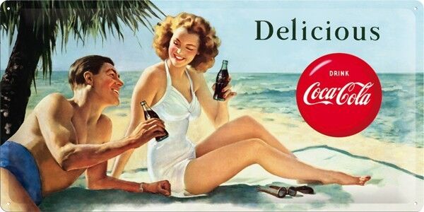 Piatto in metallo 25x50 cm. Coca-Cola - Coppia in spiaggia