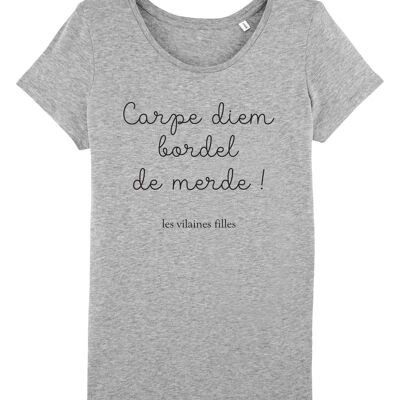 Camiseta cuello redondo Carpe diem burdel mierda orgánica, algodón orgánico, gris jaspeado