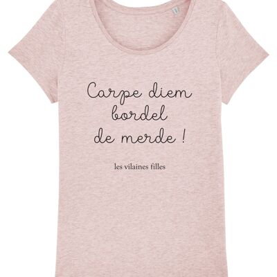 T-shirt girocollo Carpe diem bordel de merde organic, organic cotton, heather pink