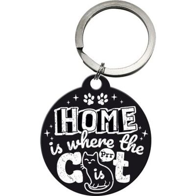 Round keychain Home is where the cat is black