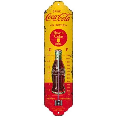 Fieberthermometer 6,5 x 28 cm. Coca-Cola - In Flaschen Gelb