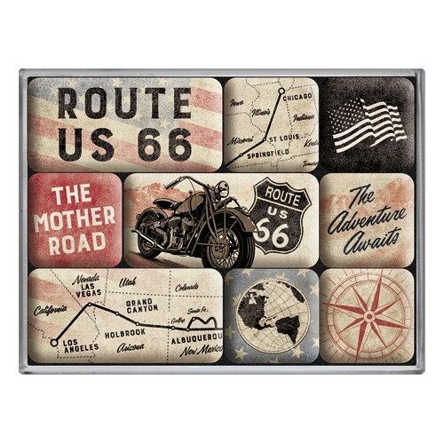 Juego de imanes (9 piezas) US Highways Route 66 Bike Map