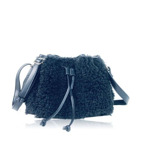 Faux sheepskin drawstring bucket shoulder bag - Black Black