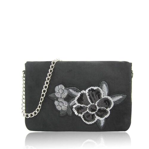 Emely Cross Body Bag with Embroidered Floral Motif - Black