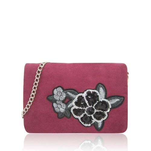 Emely Cross Body Bag with Embroidered Floral Motif - Burgundy