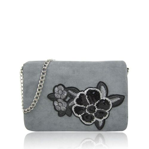 Emely Cross Body Bag with Embroidered Floral Motif - Grey