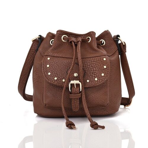 Mayda Draw String Bucket Bag with Buckle Pocket - Red Brown Red Brown
