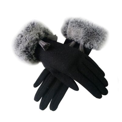 Faux Fur Tassel Cuff Gloves Black