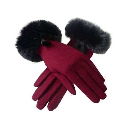 Gants en Fausse Fourrure à Pompons Bordeaux