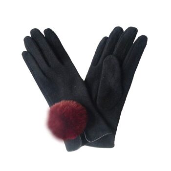 Gants en fausse fourrure avec revers à pompons Noir/Bourgogne 5