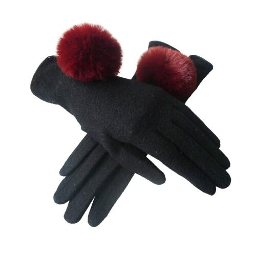 Faur Fur Pom Pom Cuff Gloves Black/Burgundy