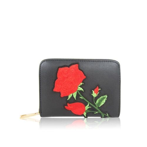 Hayley Womens Faux Leather Short Purse with Embroidered Rose Detail - Black