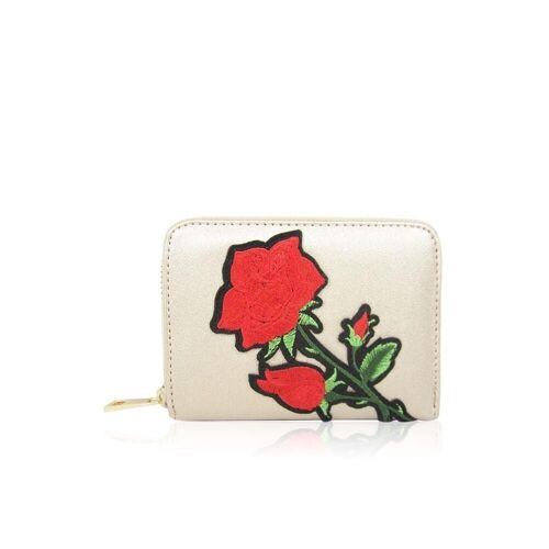 Hayley Womens Faux Leather Short Purse with Embroidered Rose Detail - Gold