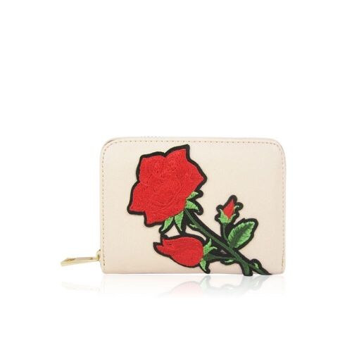 Hayley Womens Faux Leather Short Purse with Embroidered Rose Detail - Nude