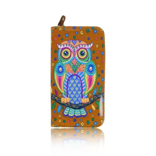 Folk Art Owl Purse Long Camel