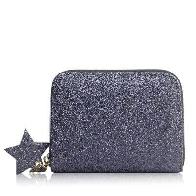 Small Single Zip Glitter Star Charm Purse Grey