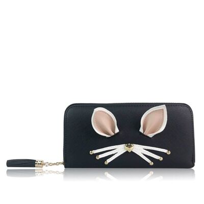 Cat Design Womens Long Purse - Black