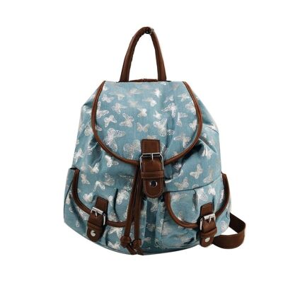 Mochila Doble Bolsillo Mariposa Metálica Azul Claro