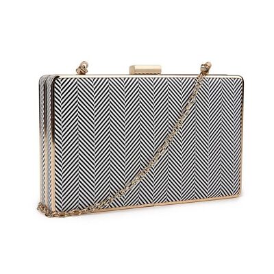 Goldmary Gilt Edge Herringbone Textured Box Clutch - Black & White